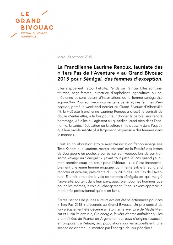 Laurène Renoux, lauréate des "1ers Pas de l'aventure" au Grand Bivouac 2015